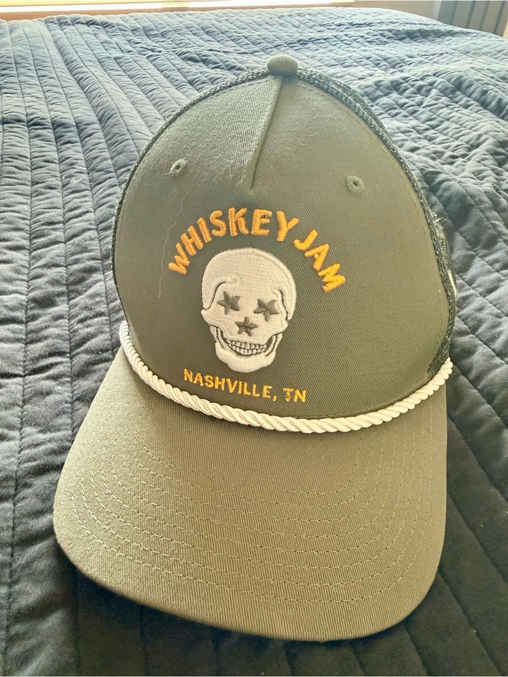 Whiskey Jam Nashville Trucker Hat - Olive with Yellow Embroidery